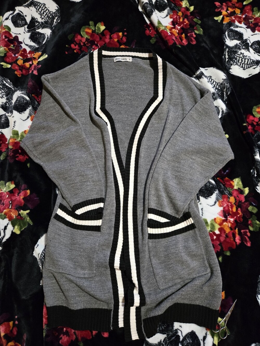 Gray Open-Front Striped Trim Sweater Cardigan